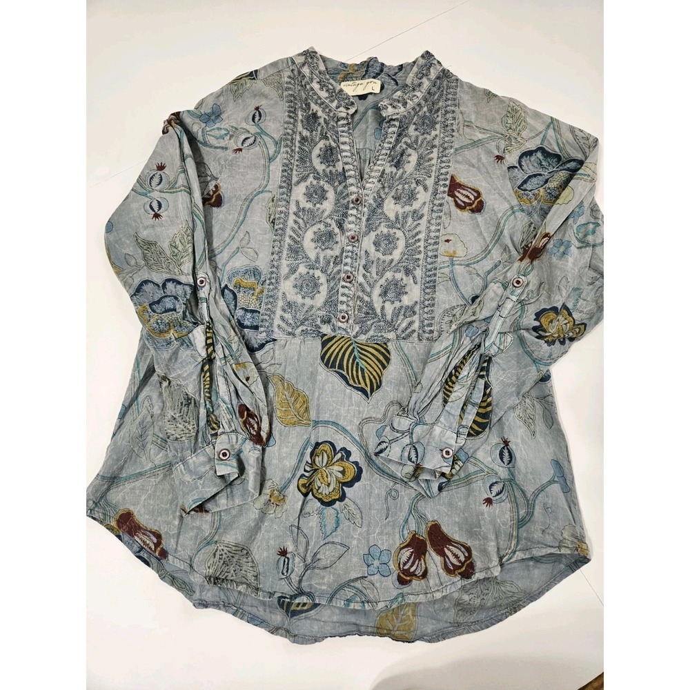 Vintage Goa Embroidered Cottagecore Blue Boho Tunic Cotton Long Sleeve Shirt